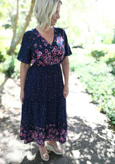 Isabella Boho V-Neck Maxi Dress Navy Floral